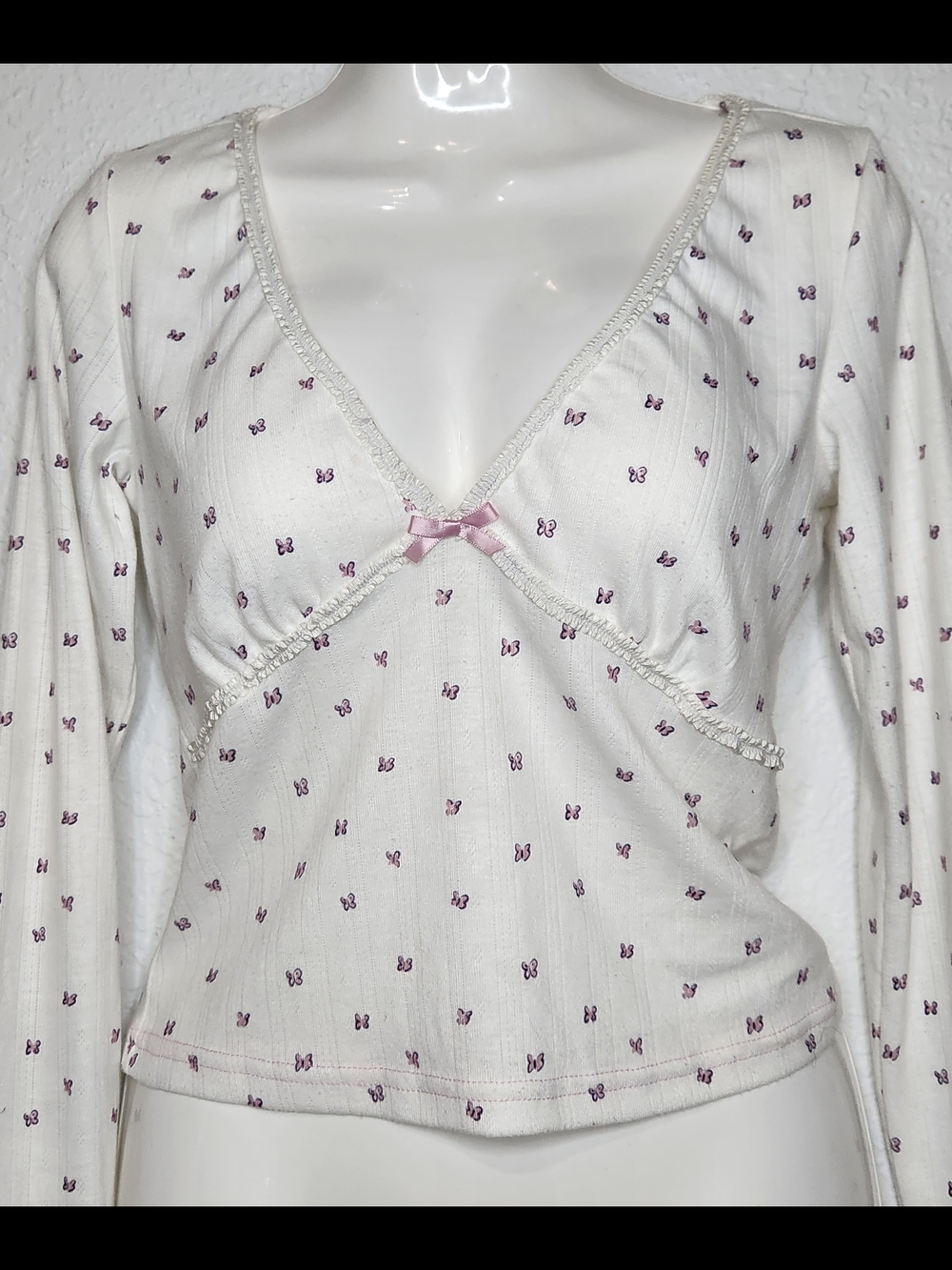 Princess Polly White Long-Sleeve V-Neck Butterfly Print Sleep Top